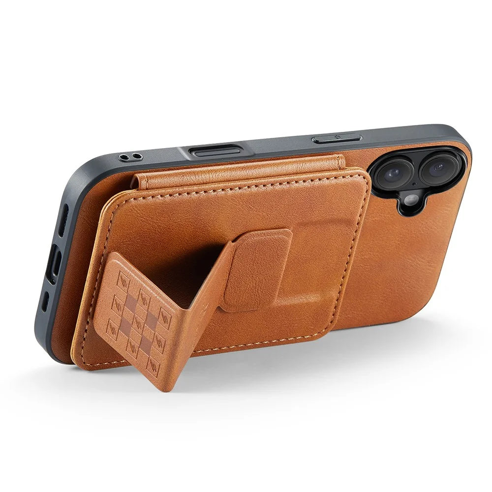 FIERRE SHANN 024 For iPhone 16 Case Card Holder Kickstand Waxy Texture Leather + TPU Phone Cover - Brown - 2