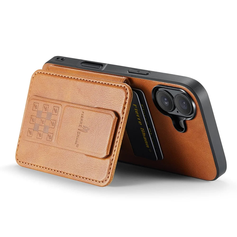 FIERRE SHANN 024 For iPhone 16 Case Card Holder Kickstand Waxy Texture Leather + TPU Phone Cover - Brown - 3