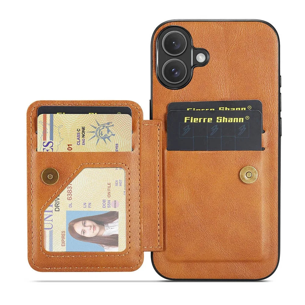 FIERRE SHANN 024 For iPhone 16 Case Card Holder Kickstand Waxy Texture Leather + TPU Phone Cover - Brown - 4