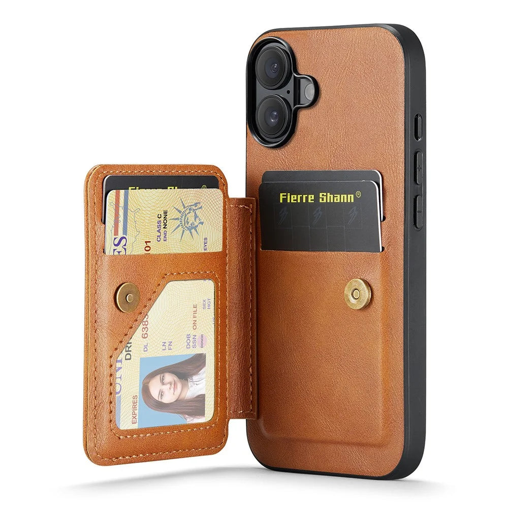 FIERRE SHANN 024 For iPhone 16 Case Card Holder Kickstand Waxy Texture Leather + TPU Phone Cover - Brown - 5