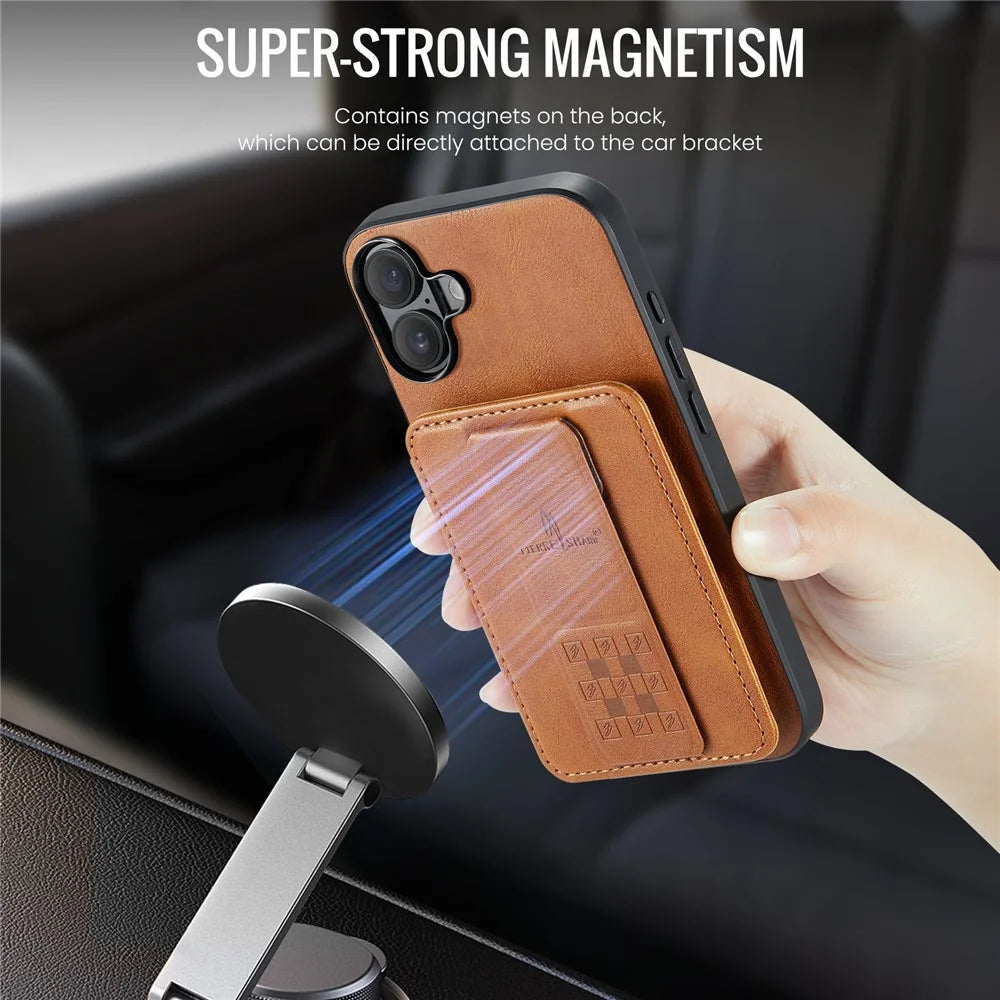 FIERRE SHANN 024 For iPhone 16 Case Card Holder Kickstand Waxy Texture Leather + TPU Phone Cover - Brown - 6