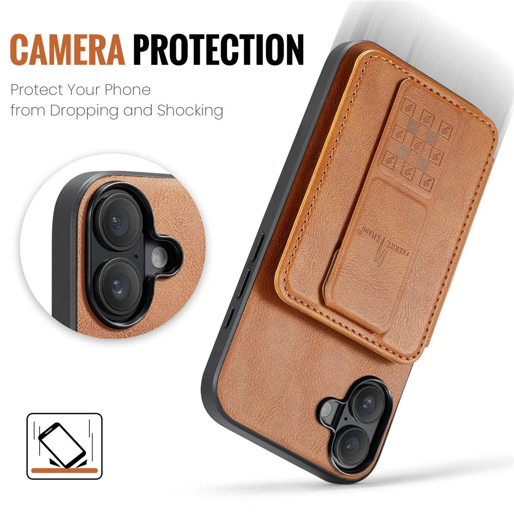 FIERRE SHANN 024 For iPhone 16 Case Card Holder Kickstand Waxy Texture Leather + TPU Phone Cover - Brown - 7