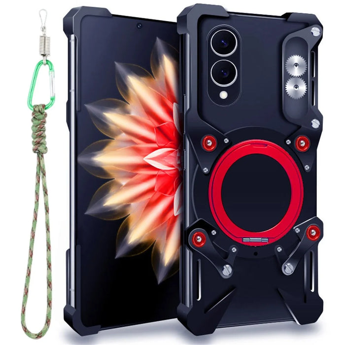 For Samsung Galaxy S25 Edge Bumper Case Kickstand Aluminum Alloy Magnetic Phone Cover with Wrist Strap - Black - 1