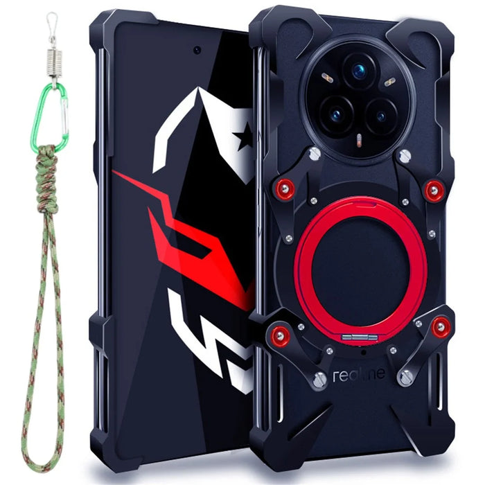 For Realme 14 Pro+ 5G Bumper Case Kickstand Aluminum Alloy Magnetic Phone Cover with Wrist Strap - Black - 1