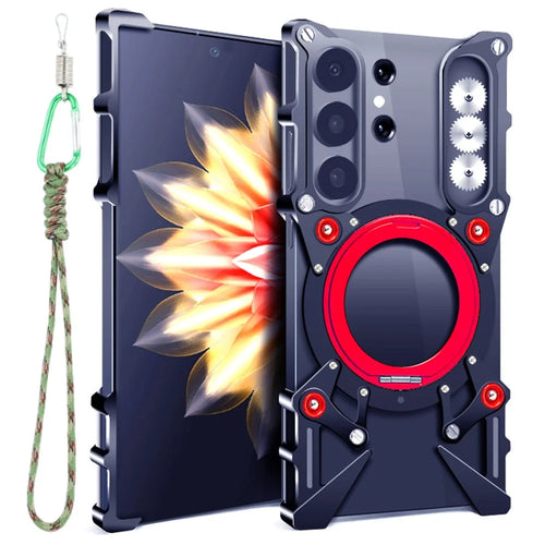 Bumper Case For Samsung Galaxy S25 Ultra / S24 Ultra / S23 Ultra / S22 Ultra 5G , Kickstand Aluminum Alloy Magnetic Phone Cover with Wrist Strap - Black - 1