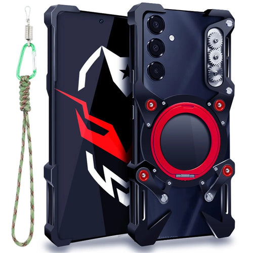 For Samsung Galaxy A15 4G / 5G / M15 5G Bumper Case Kickstand Aluminum Alloy Magnetic Phone Cover with Wrist Strap - Black - 1