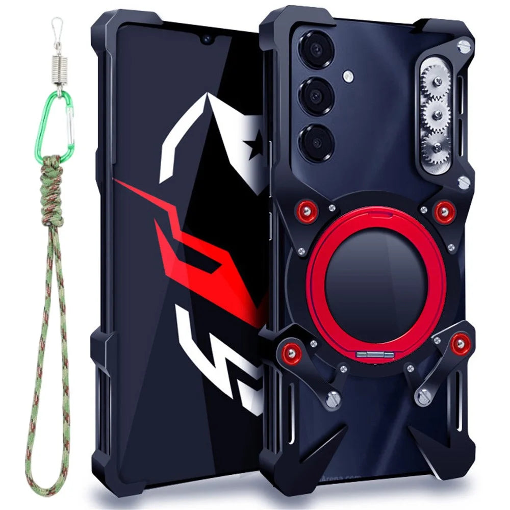 Bumper Case For Samsung Galaxy A35 5G / A25 5G (Global) (161.0mm) / S21+ 5G , Kickstand Aluminum Alloy Magnetic Phone Cover with Wrist Strap - Black - 1