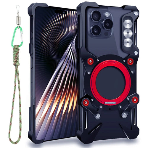 For iPhone 16 Pro Max Bumper Case Kickstand Aluminum Alloy Magnetic Phone Cover with Wrist Strap - Black - 1