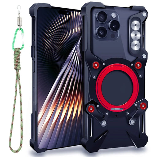For iPhone 16 Pro Max Bumper Case Kickstand Aluminum Alloy Magnetic Phone Cover with Wrist Strap - Black - 1