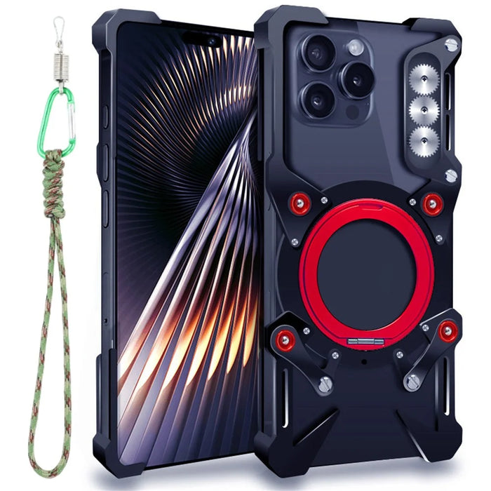 For iPhone 16 Pro Max Bumper Case Kickstand Aluminum Alloy Magnetic Phone Cover with Wrist Strap - Black - 1