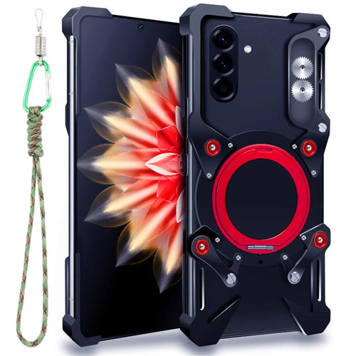 Bumper Case For Samsung Galaxy A36 5G / A56 5G / A55 5G , Kickstand Aluminum Alloy Magnetic Phone Cover with Wrist Strap - Black - 1