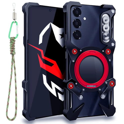 For Samsung Galaxy S25+ Bumper Case Kickstand Aluminum Alloy Magnetic Phone Cover with Wrist Strap - Black - 1