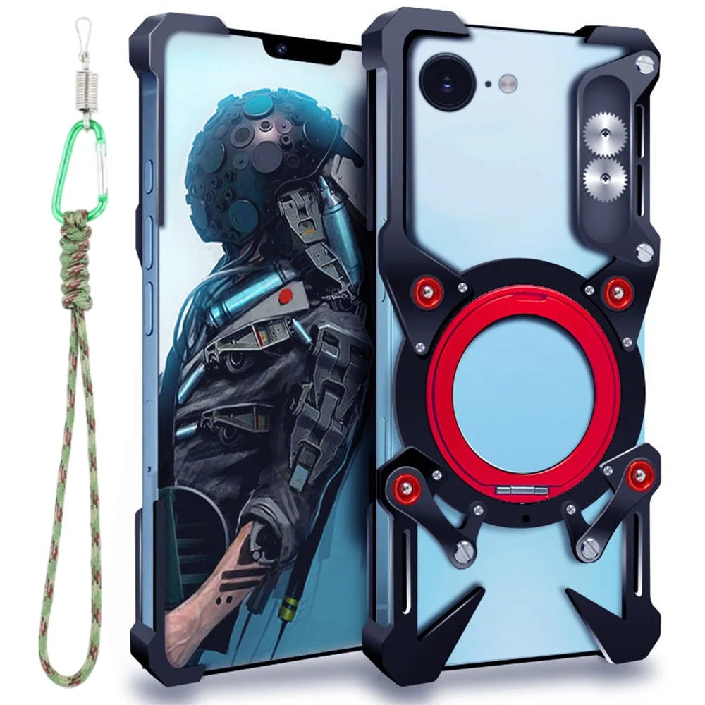 Bumper Case For iPhone 17e / 16e / 15 Pro / 14 / 13 / 13 Pro / 12 / 12 Pro , Kickstand Aluminum Alloy Magnetic Phone Cover with Wrist Strap - Black - 1