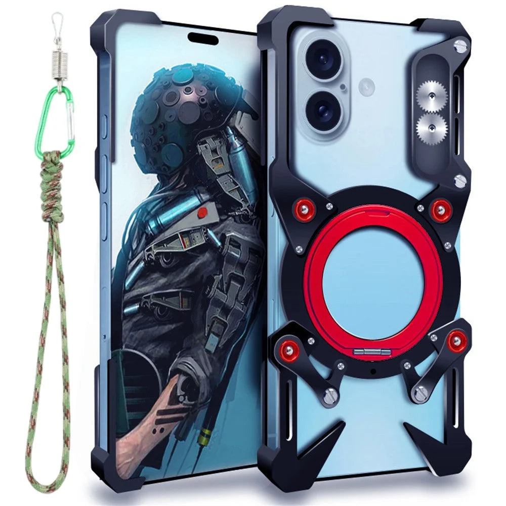 Bumper Case For iPhone 16 / 15 / 14 Pro , Kickstand Aluminum Alloy Magnetic Phone Cover with Wrist Strap - Black - 1