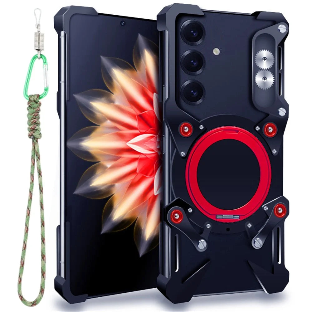 Bumper Case For Samsung Galaxy S25 / S24 / S23 , Kickstand Aluminum Alloy Magnetic Phone Cover with Wrist Strap - Black - 1