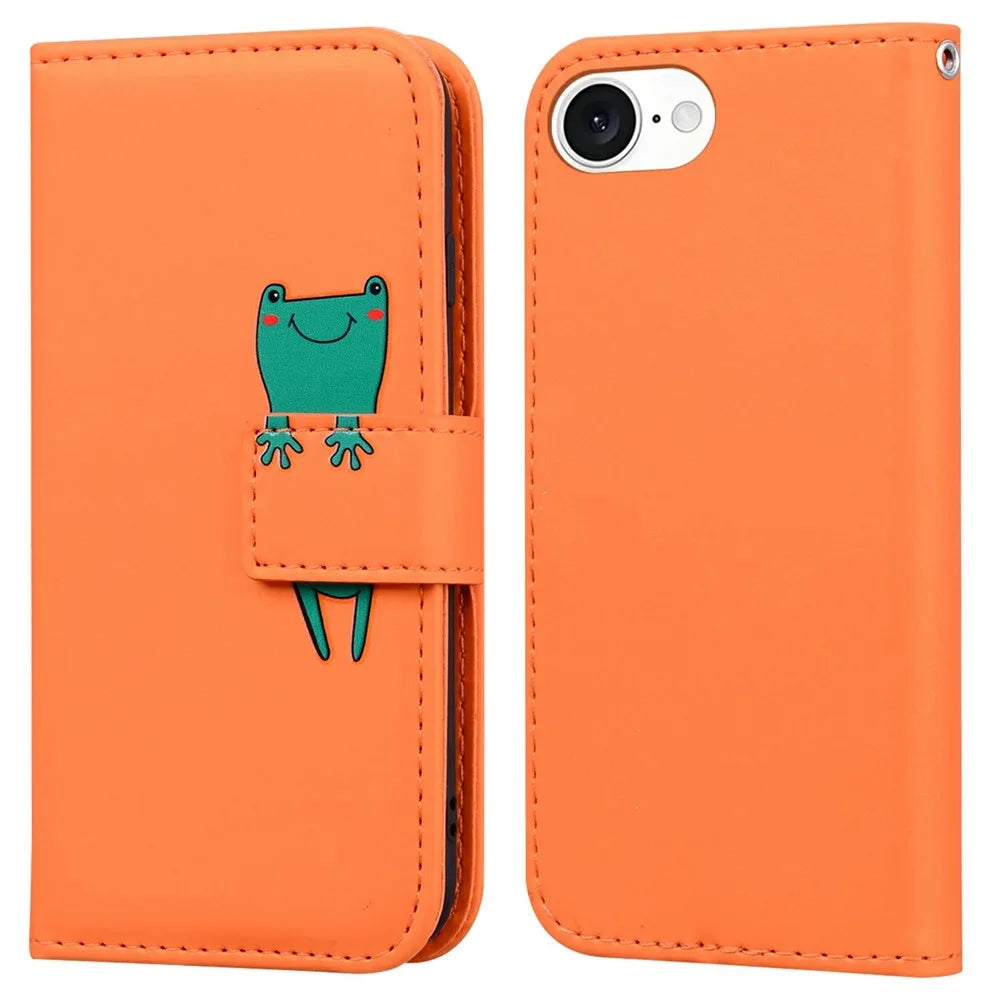 For iPhone 17e / 16e Case Cartoon Pattern Wallet Leather Phone Cover - Orange - 1