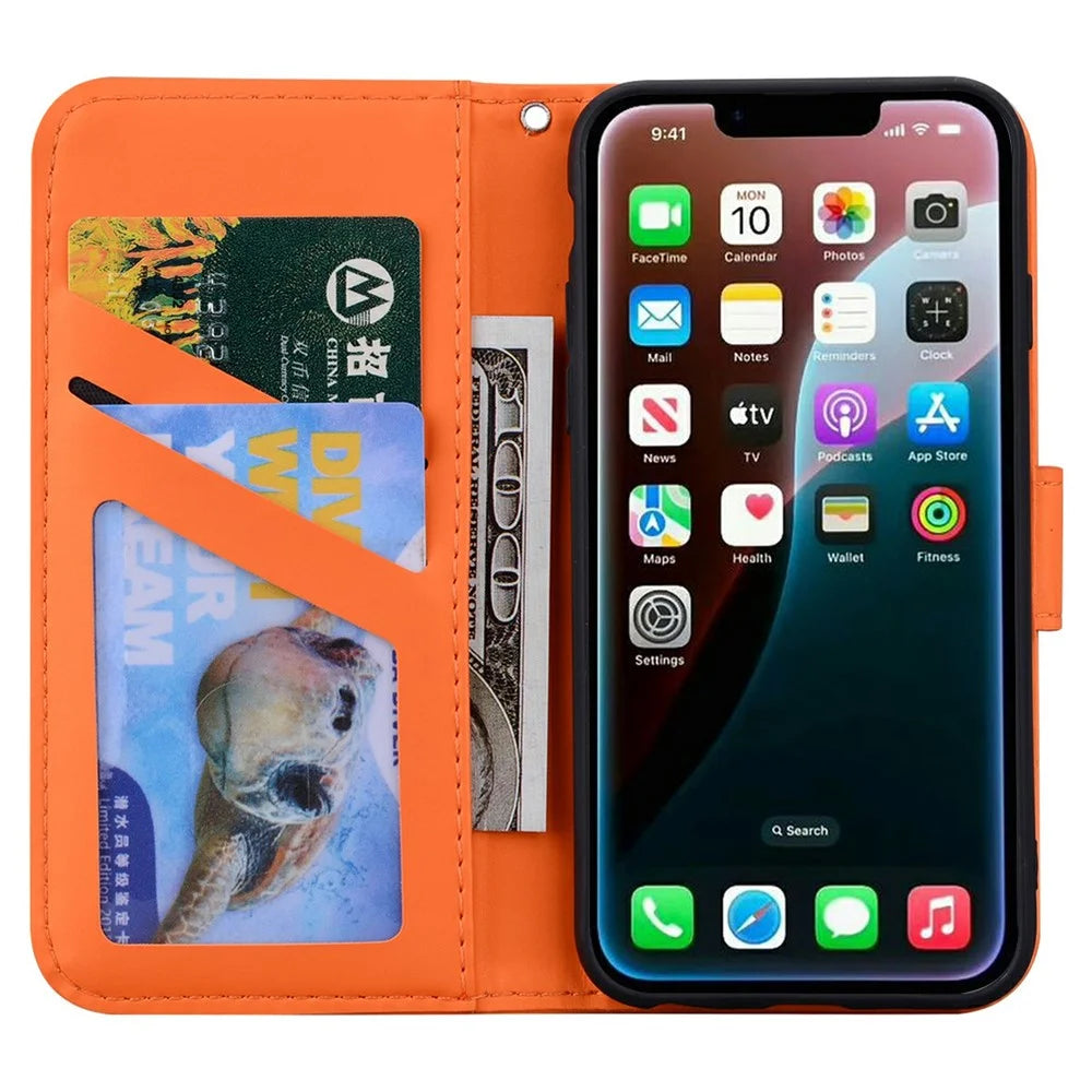For iPhone 17e / 16e Case Cartoon Pattern Wallet Leather Phone Cover - Orange - 2