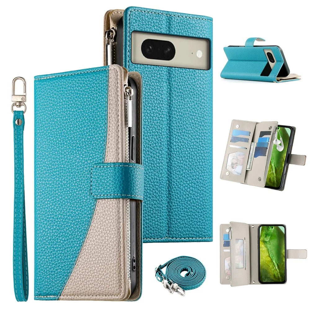 For Google Pixel 8 Case Zipper Wallet Color Splicing Leather Flip Phone Cover with Straps - Lake Blue - 1