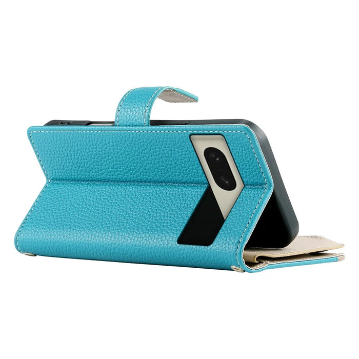 For Google Pixel 8 Case Zipper Wallet Color Splicing Leather Flip Phone Cover with Straps - Lake Blue - 7