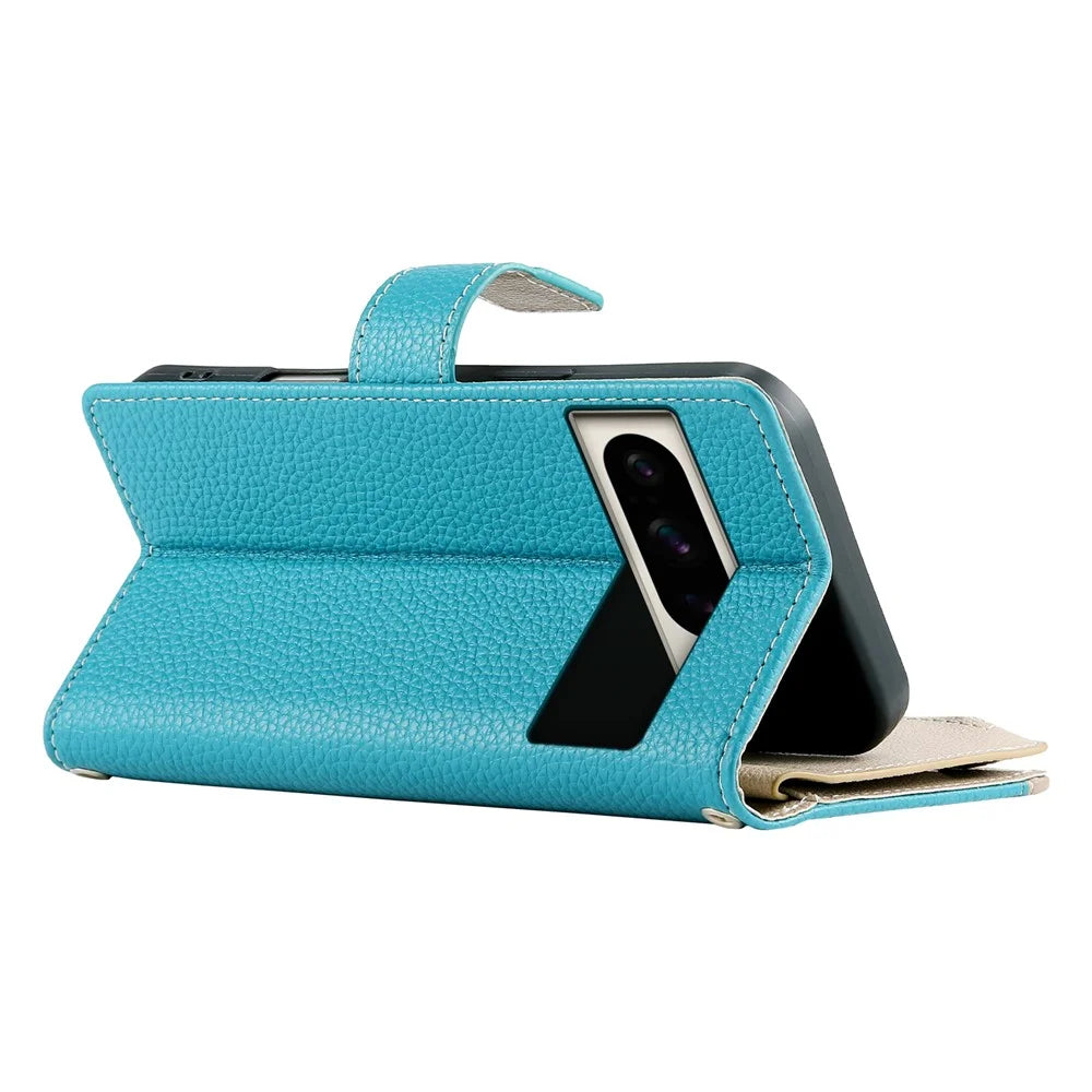 For Google Pixel 8 Pro Case Zipper Wallet Color Splicing Leather Flip Phone Cover with Straps - Lake Blue - 7