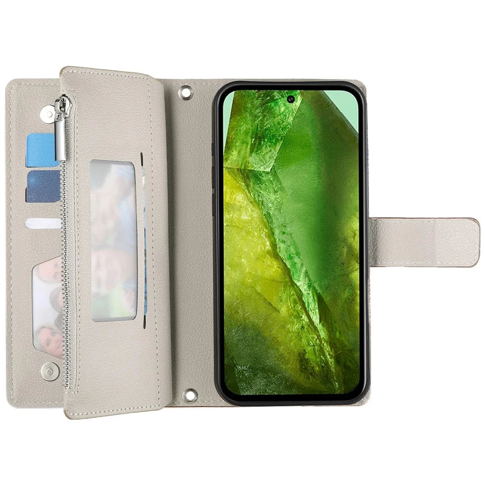 For Google Pixel 8a Case Zipper Wallet Color Splicing Leather Flip Phone Cover with Straps - Lake Blue - 2