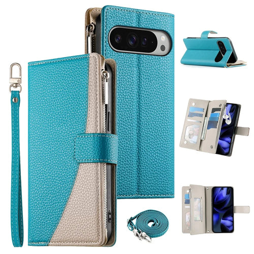 For Google Pixel 10 Pro XL  /  Pixel 9 Pro XL Case Zipper Wallet Color Splicing Leather Flip Phone Cover with Straps - Lake Blue - 1