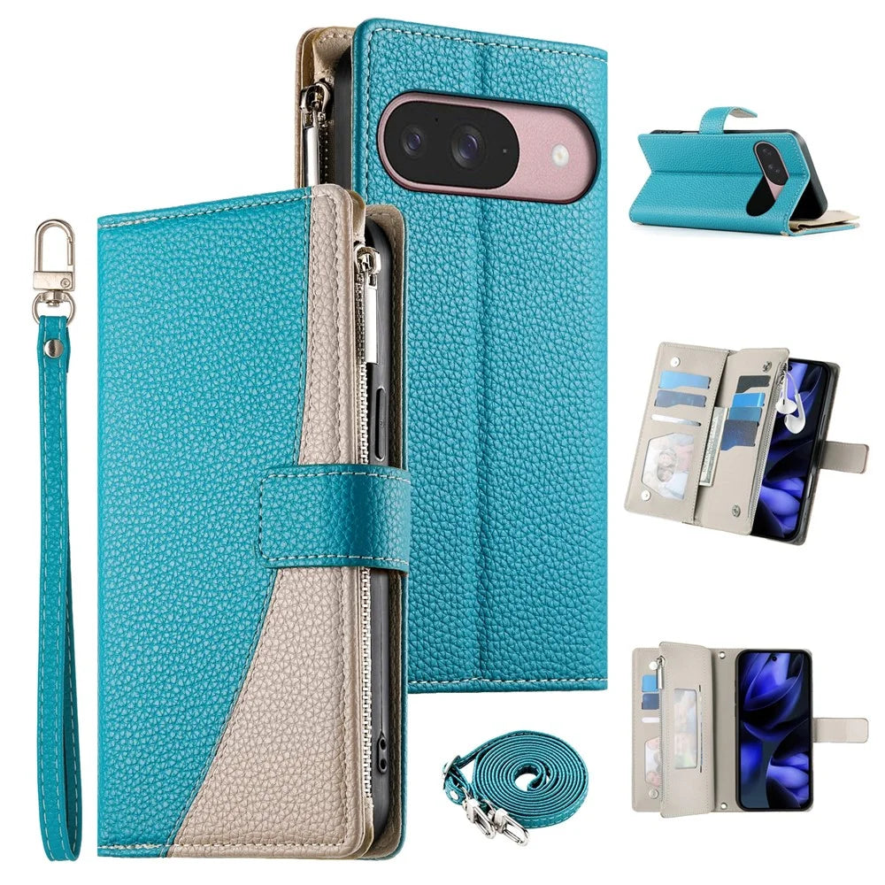 Leather Case For Google Pixel 10 Pro  /  10  /  9 Pro  /  9 Zipper Wallet Color Splicing Flip Phone Cover with Straps - Lake Blue - 1