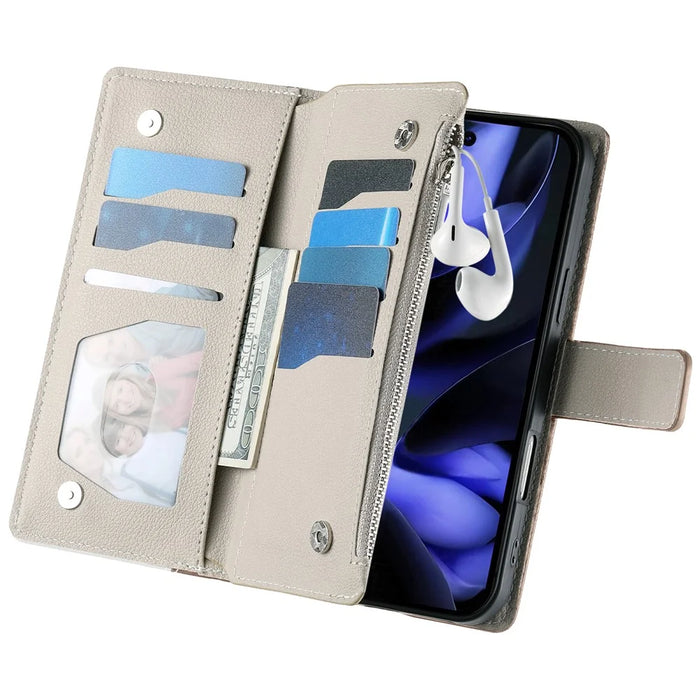 Leather Case For Google Pixel 10 Pro  /  10  /  9 Pro  /  9 Zipper Wallet Color Splicing Flip Phone Cover with Straps - Lake Blue - 4