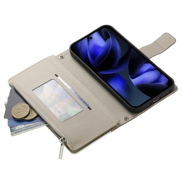 Leather Case For Google Pixel 10 Pro  /  10  /  9 Pro  /  9 Zipper Wallet Color Splicing Flip Phone Cover with Straps - Lake Blue - 6
