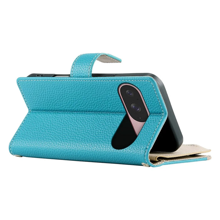 Leather Case For Google Pixel 10 Pro  /  10  /  9 Pro  /  9 Zipper Wallet Color Splicing Flip Phone Cover with Straps - Lake Blue - 7
