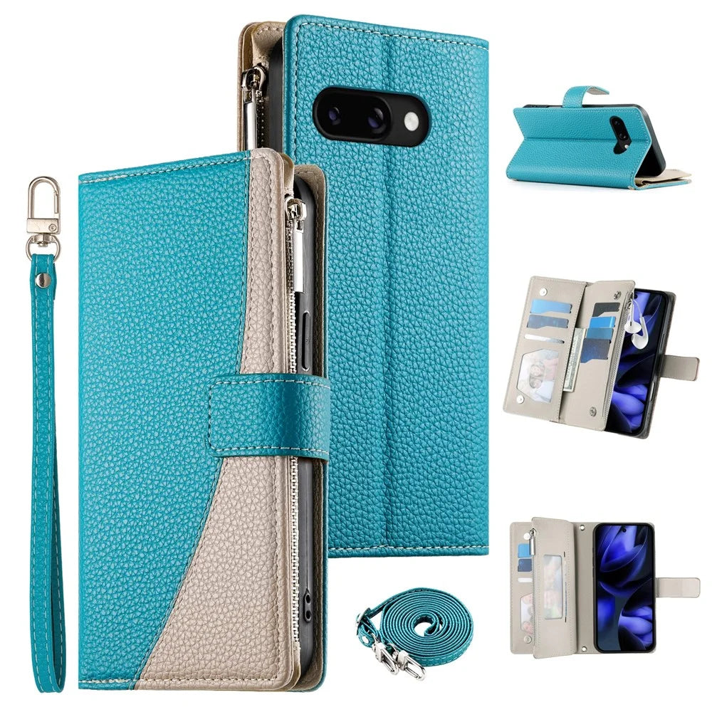 For Google Pixel 9a Case Zipper Wallet Color Splicing Leather Flip Phone Cover with Straps - Lake Blue - 1