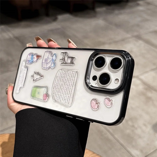 For iPhone 16 Pro Max Clear Phone Case TPU Back Cover with 3D Pattern Sticker - Transparent Black - 1
