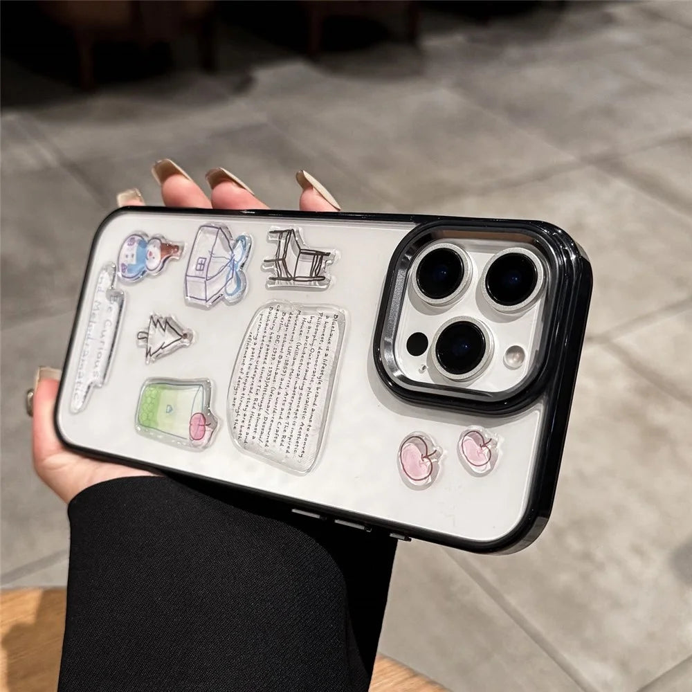 For iPhone 16 Pro Max Clear Phone Case TPU Back Cover with 3D Pattern Sticker - Transparent Black - 1