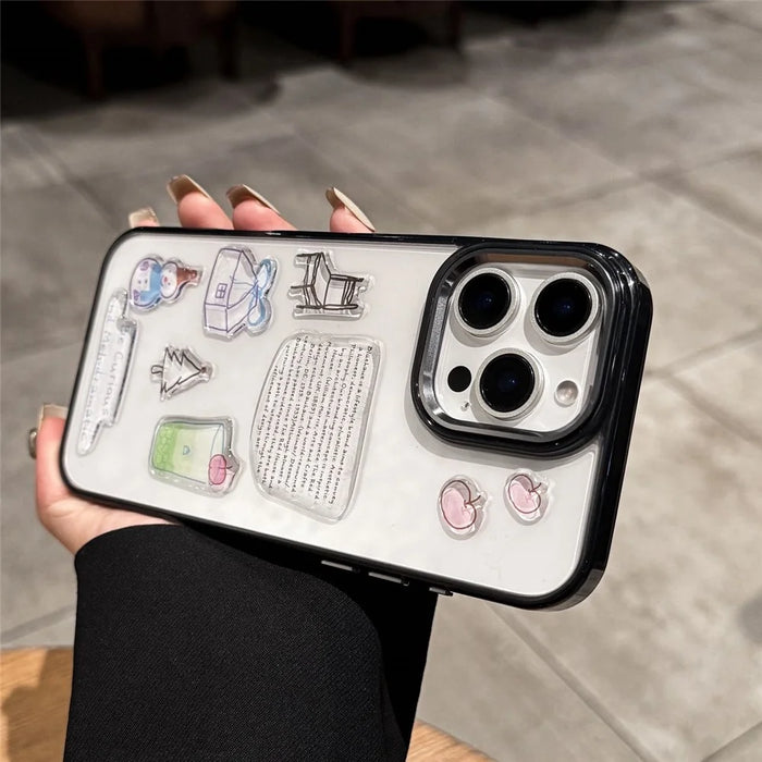 For iPhone 16 Pro Max Clear Phone Case TPU Back Cover with 3D Pattern Sticker - Transparent Black - 1