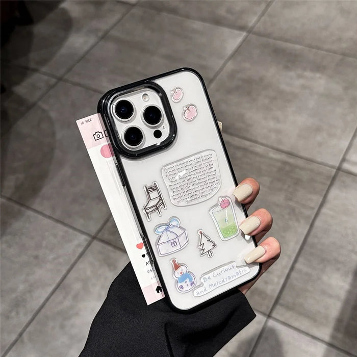 For iPhone 16 Pro Max Clear Phone Case TPU Back Cover with 3D Pattern Sticker - Transparent Black - 2