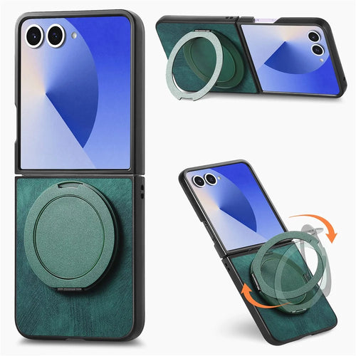 For Samsung Galaxy Z Flip7 5G Phone Case with Rotating Kickstand Stress Relief Retro Leather Back Cover - Green - 1