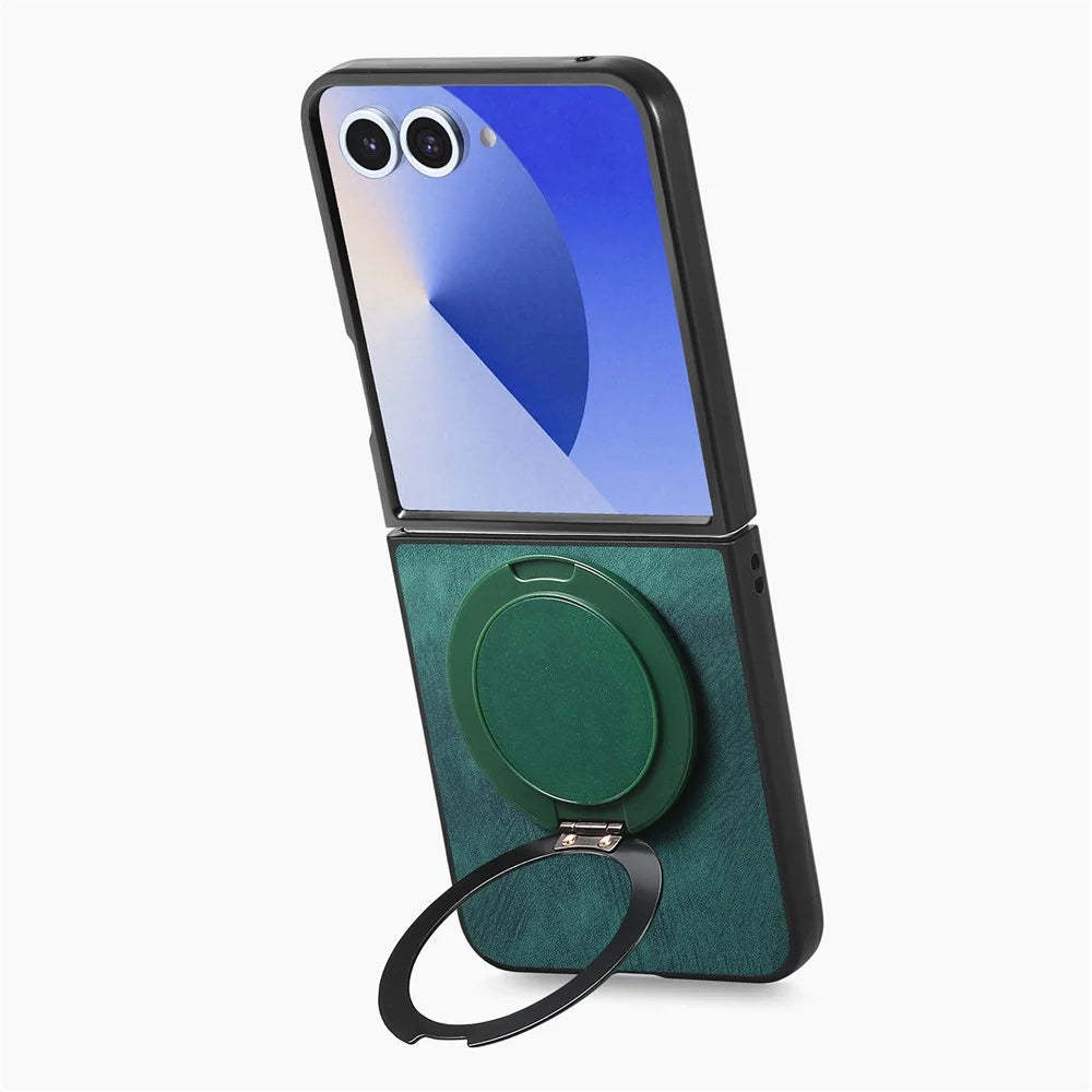 For Samsung Galaxy Z Flip7 5G Phone Case with Rotating Kickstand Stress Relief Retro Leather Back Cover - Green - 3