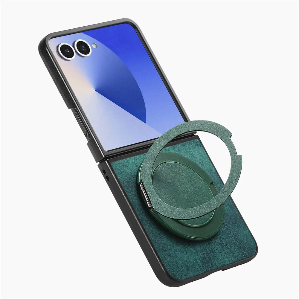 For Samsung Galaxy Z Flip7 5G Phone Case with Rotating Kickstand Stress Relief Retro Leather Back Cover - Green - 4