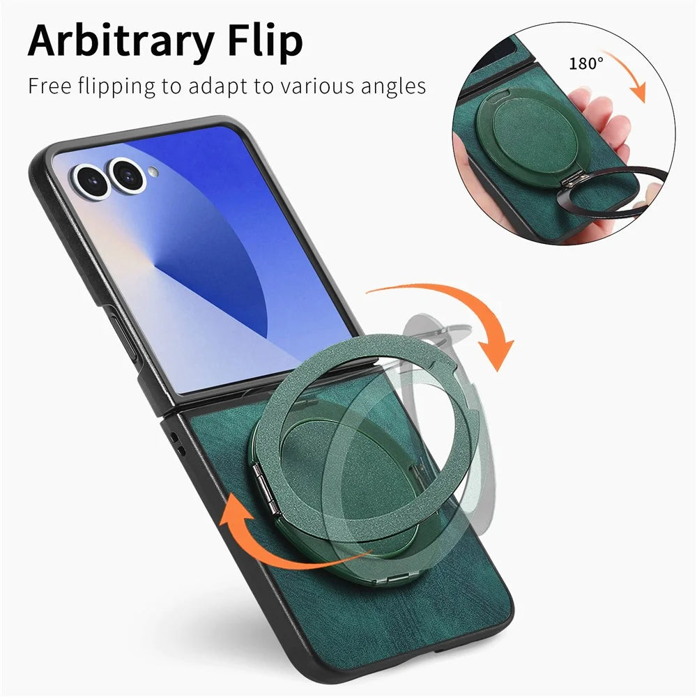 For Samsung Galaxy Z Flip7 5G Phone Case with Rotating Kickstand Stress Relief Retro Leather Back Cover - Green - 5