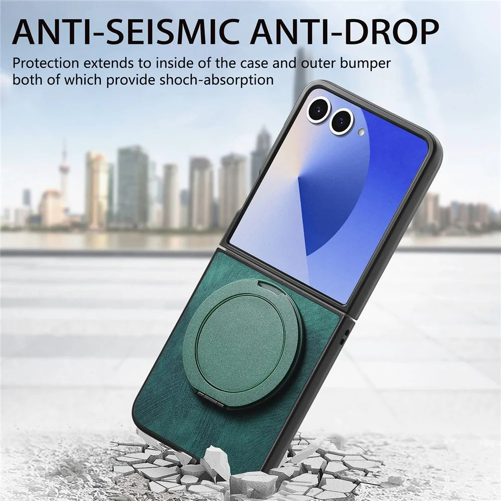 For Samsung Galaxy Z Flip7 5G Phone Case with Rotating Kickstand Stress Relief Retro Leather Back Cover - Green - 6