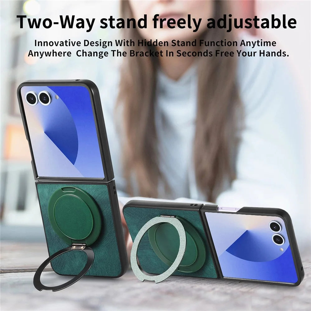For Samsung Galaxy Z Flip7 5G Phone Case with Rotating Kickstand Stress Relief Retro Leather Back Cover - Green - 7