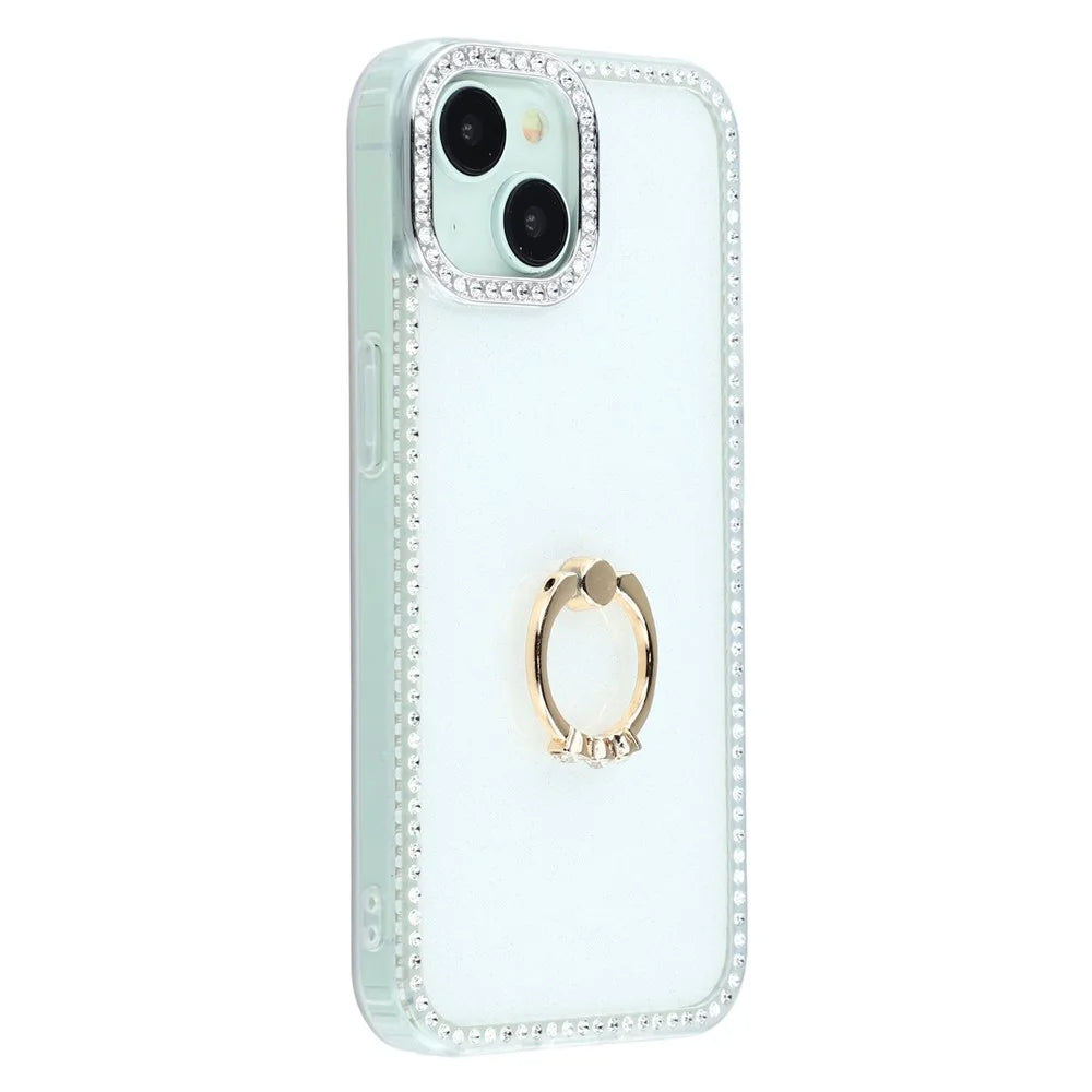 For iPhone 15 Case with Ring Kickstand Rhinestone Edge TPU + PC IMD Phone Cover - Glitter White - 1
