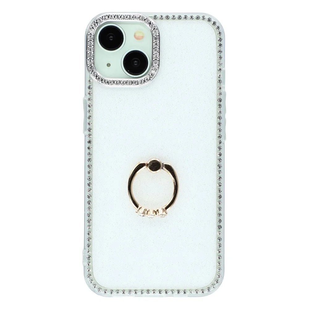 For iPhone 15 Case with Ring Kickstand Rhinestone Edge TPU + PC IMD Phone Cover - Glitter White - 2