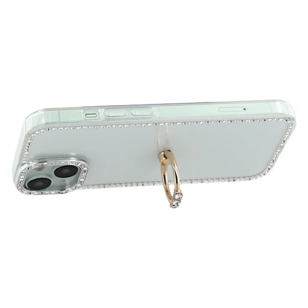 For iPhone 15 Case with Ring Kickstand Rhinestone Edge TPU + PC IMD Phone Cover - Glitter White - 3
