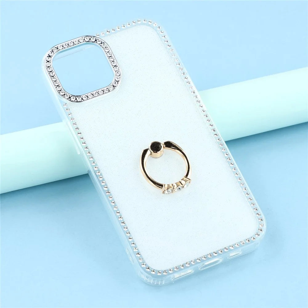For iPhone 15 Case with Ring Kickstand Rhinestone Edge TPU + PC IMD Phone Cover - Glitter White - 6
