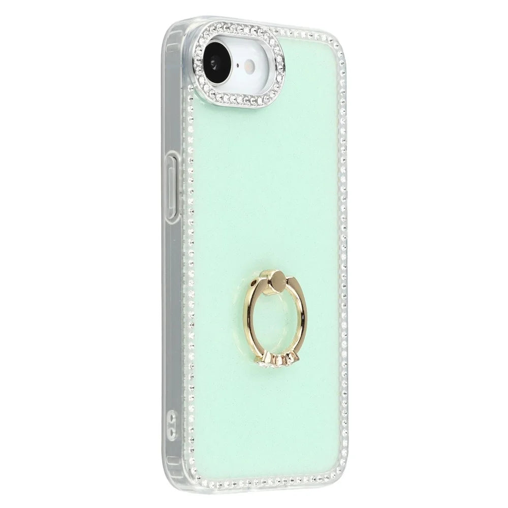 For iPhone 17e / 16e Case with Ring Kickstand Rhinestone Edge TPU + PC IMD Phone Cover - Glitter Light Green - 1