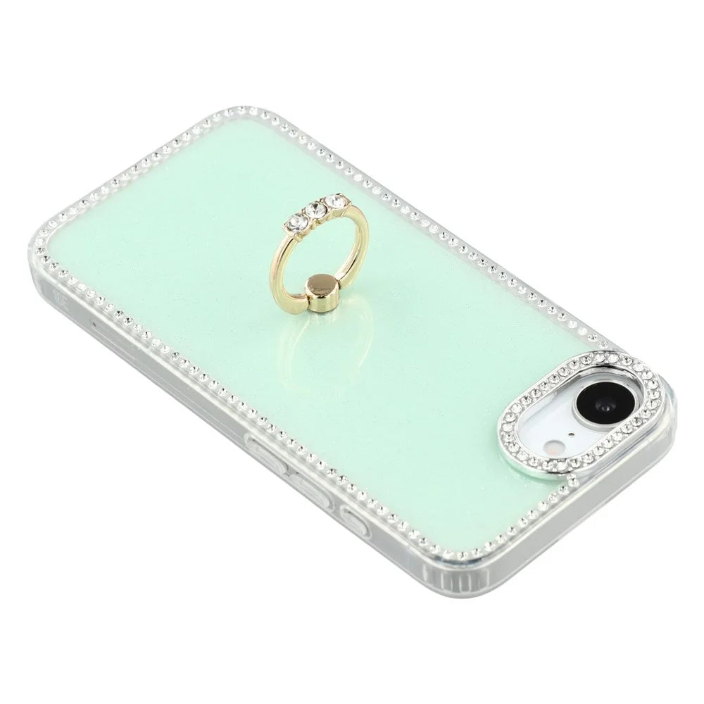 For iPhone 17e / 16e Case with Ring Kickstand Rhinestone Edge TPU + PC IMD Phone Cover - Glitter Light Green - 4
