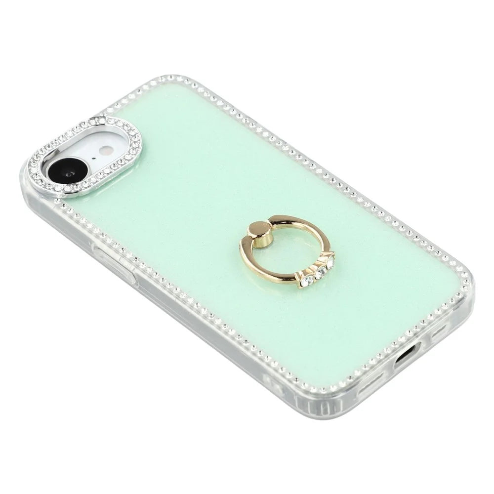 For iPhone 17e / 16e Case with Ring Kickstand Rhinestone Edge TPU + PC IMD Phone Cover - Glitter Light Green - 5