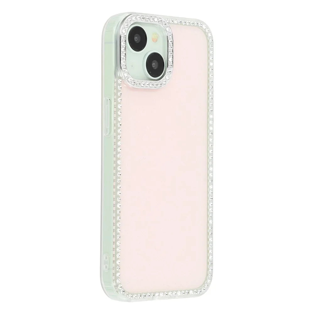 For iPhone 15 Case Rhinestone Edge Glitter Back TPU + PC IMD Phone Cover - Glitter Light Pink - 1