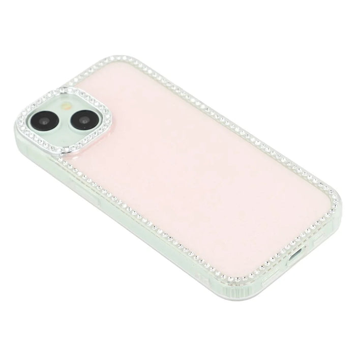 For iPhone 15 Case Rhinestone Edge Glitter Back TPU + PC IMD Phone Cover - Glitter Light Pink - 4